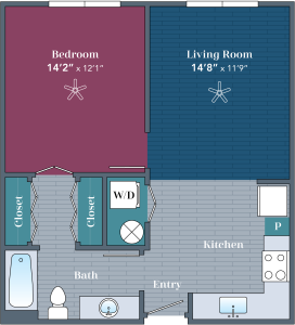 Apartments in Farragut Floor plan of a one-bedroom apartment with labeled rooms including a bedroom, living room, kitchen, bathroom, closets, and a washer/dryer area.