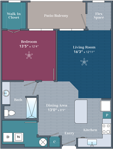 Apartments in Farragut Floor plan of a one-bedroom apartment showing a bedroom, bathroom, kitchen, living room, dining area, walk-in closet, admiral flex space, and a patio/balcony.