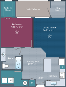 Apartments in Farragut Floor plan of an apartment featuring one bedroom, a bath, living room, kitchen, dining area, patio/balcony, walk-in closet, and a flex space, with furniture layout.