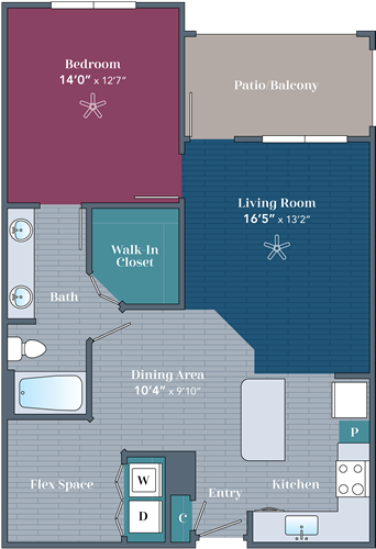 Apartments in Farragut Floor plan of an apartment featuring a bedroom, bathroom, walk-in closet, kitchen, dining area, flex space, and a patio balcony with labeled dimensions. Ideal for anyone who enjoys the sailor