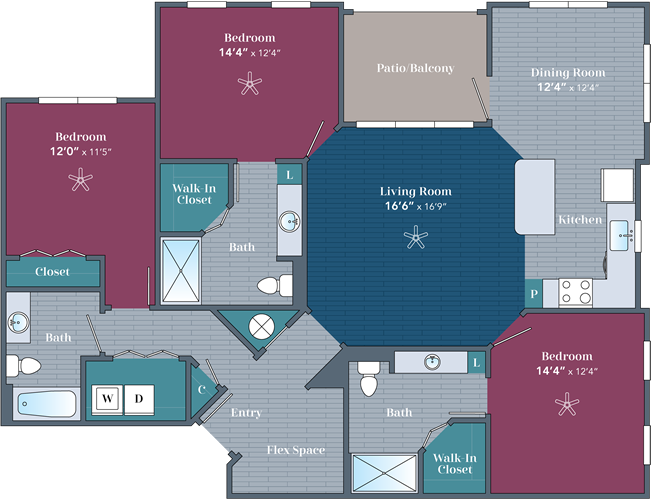 Apartments in Farragut Illustrated floor plan of a sailor's multi-room apartment featuring three bedrooms, three bathrooms, a kitchen, living room, dining room, and closets.