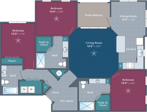 Apartments in Farragut Floor plan of a three-bedroom apartment with labeled rooms, dimensions, and furniture layout.
