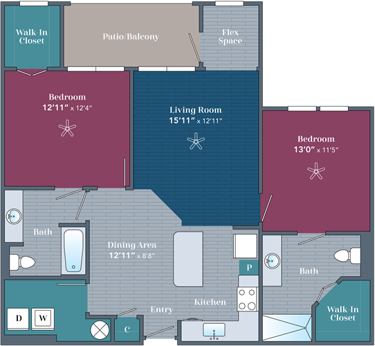 Apartments in Farragut Floor plan of a two-bedroom apartment with walk-in closets, two bathrooms, a kitchen, living room, dining area, and a patio/balcony overlooking the Caspian Sea.