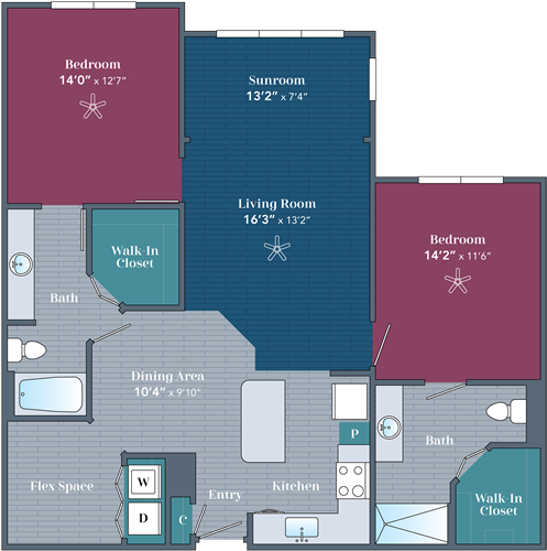 Apartments in Farragut Floor plan of an apartment featuring two bedrooms, two bathrooms, a kitchen, dining area, sunroom, grooming room, and a walk-in closet.