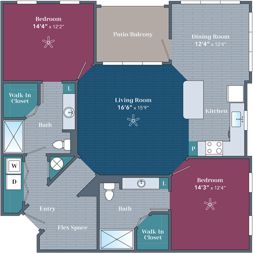 Apartments in Farragut Floor plan of an apartment featuring two bedrooms, two bathrooms, kitchen, living room, dining room, flex space, and a patio balcony.