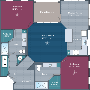Apartments in Farragut Floor plan of a two-bedroom apartment showing living spaces, kitchen, dining room, balcony, and two bathrooms.