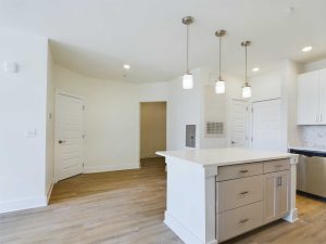 Apartments in Farragut Modern kitchen with a white island, light wood flooring, stainless steel appliances, and hanging pendant lights. Walls are painted white with multiple doorways visible, perfect for contemporary apartments.