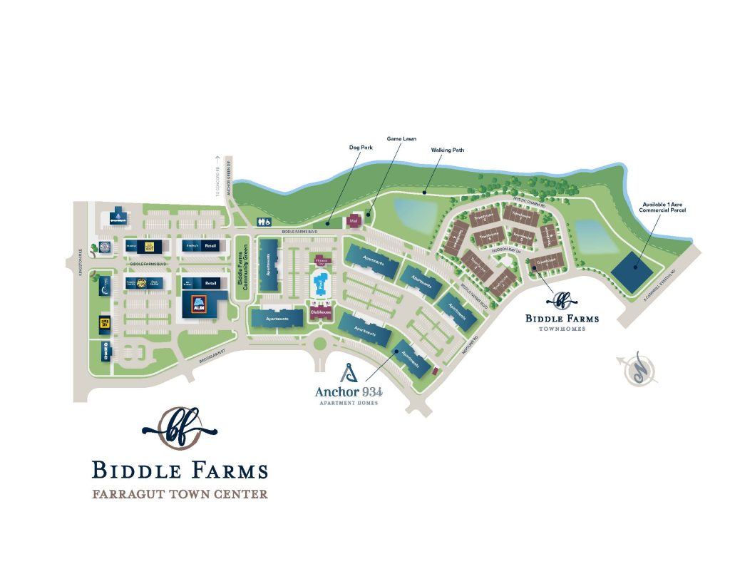 Apartments in for rent Farragut TN Map of Biddle Farms Farragut Town Center featuring apartment homes, townhomes, retail stores, parking areas, green spaces, walking paths, a dog park, and community amenities. Anchor 934 Apartments in Biddle Farms Town Center