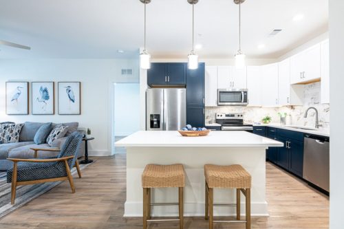 Apartments in for rent Farragut TN Modern kitchen with white and navy cabinets, stainless steel appliances, island with two wicker stools, and living area with a gray sofa and bird artwork on the wall. Anchor 934 Apartments in Biddle Farms Town Center