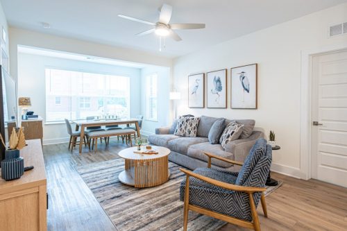 Apartments in for rent Farragut TN A modern living room with a gray sofa, armchair, coffee table, and dining area. Three bird prints hang on the wall; large windows let in natural light. Anchor 934 Apartments in Biddle Farms Town Center